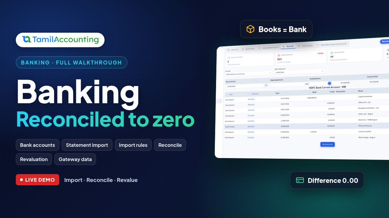 Banking in TamilAccounting: Statement Import, Reconciliation, Revaluation and Gateway Payments