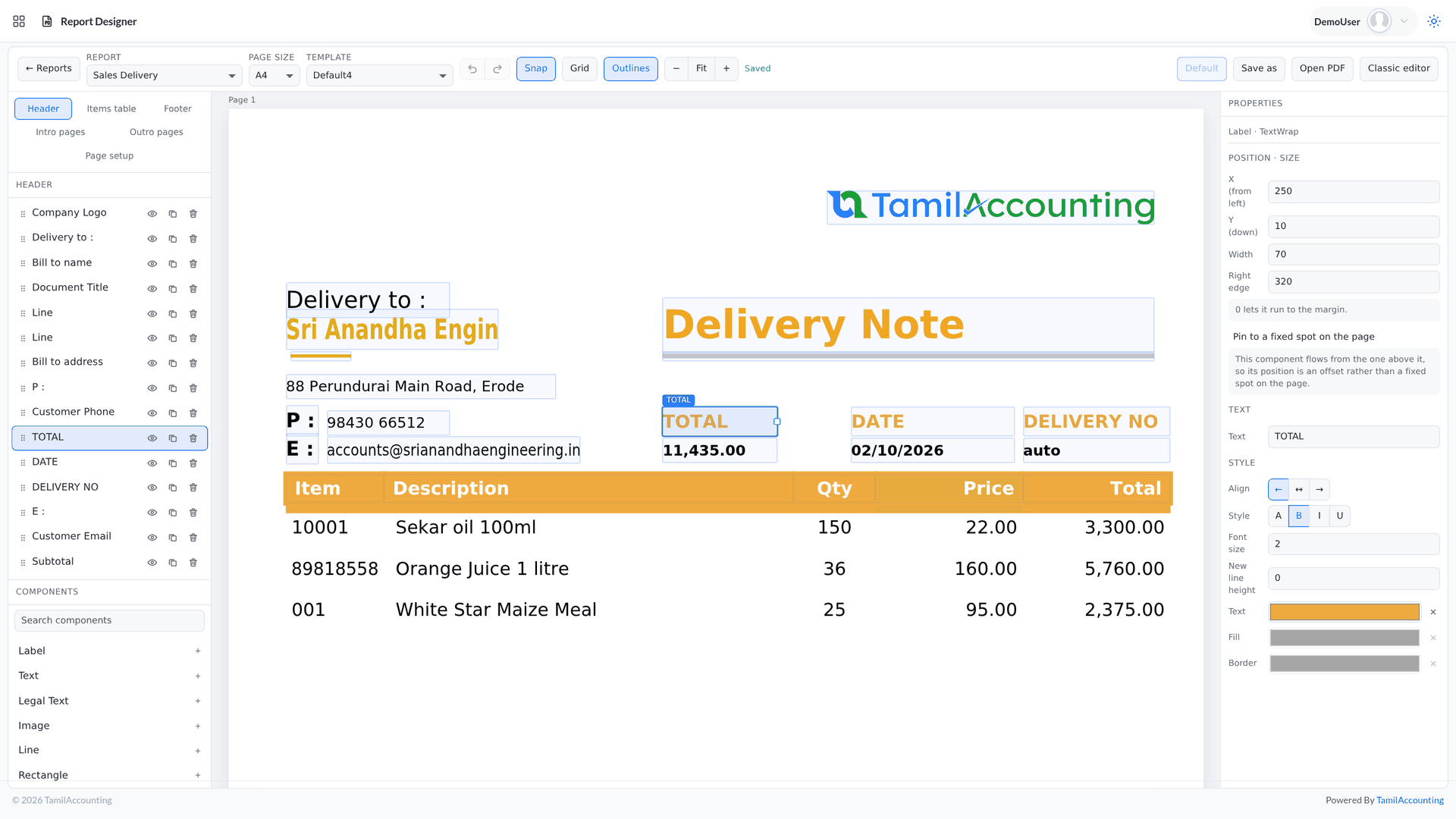 Report Designer: Delivery Note