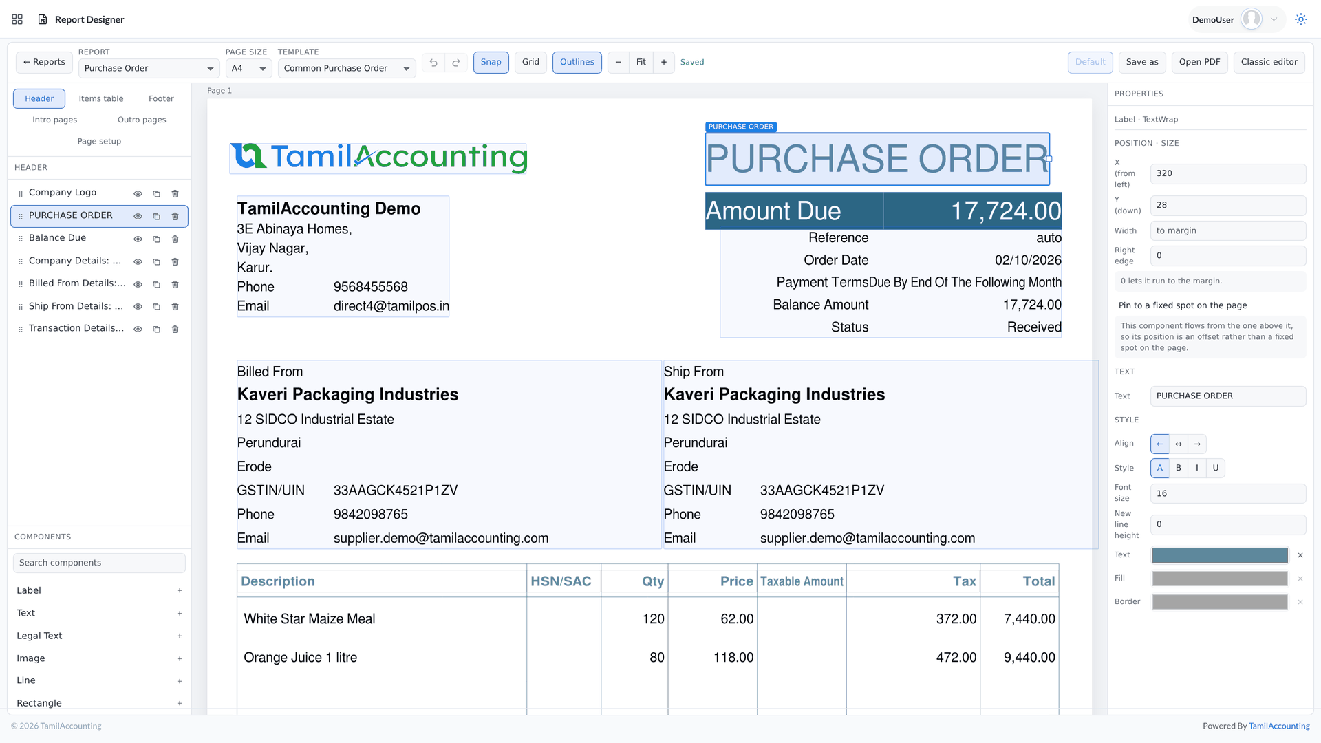 Report Designer: Purchase Order