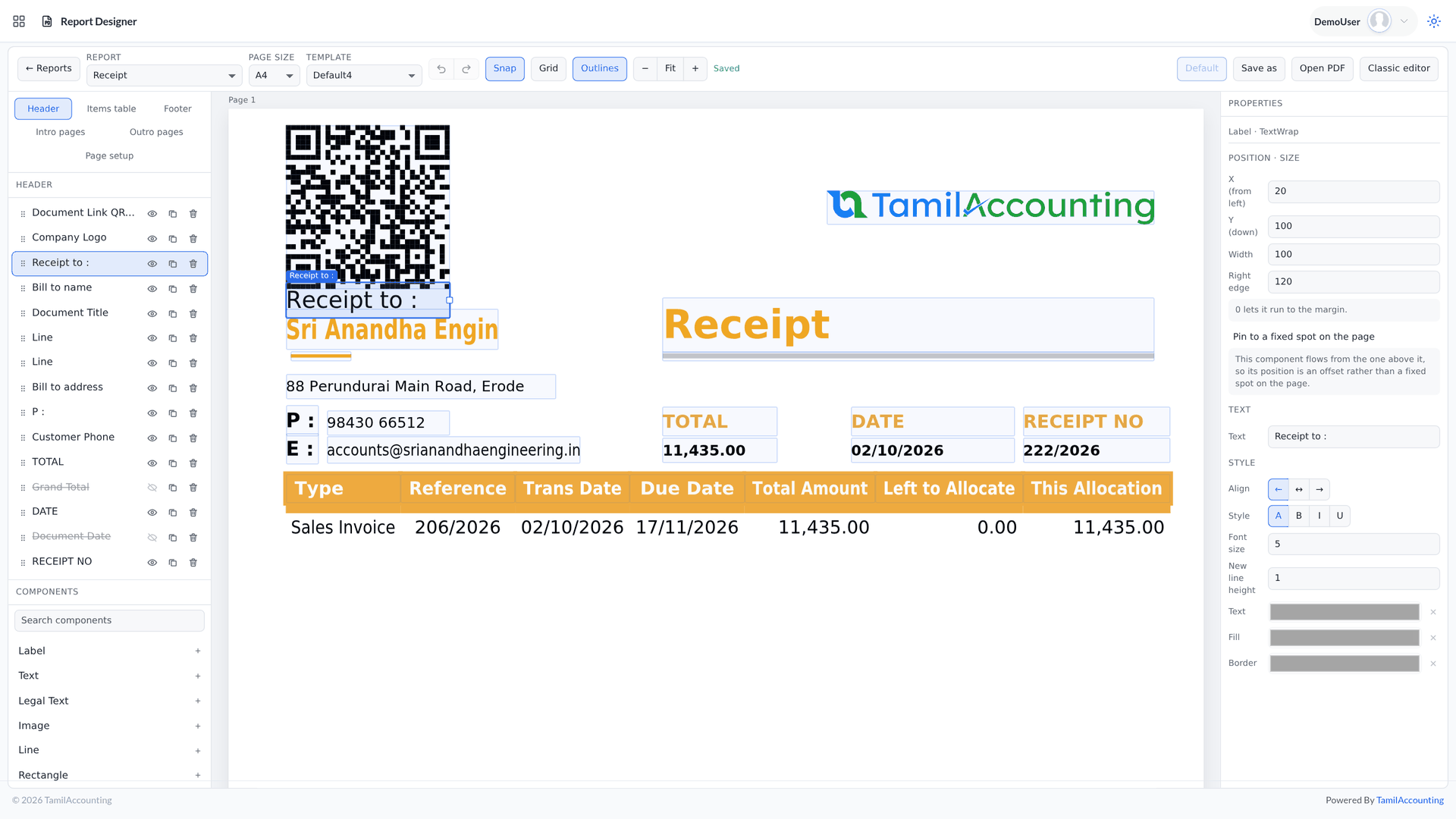 Report Designer: Customer Receipt